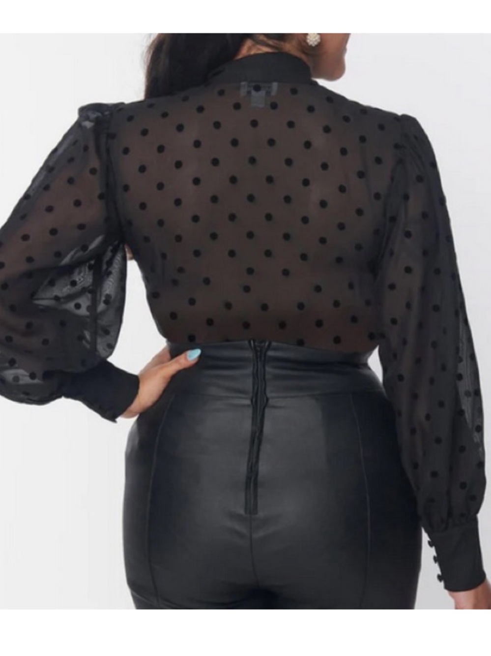NWOT - Unique Vintage - Black Flocked Polka Dot Gwen Blouse - Large - Picture 3 of 5